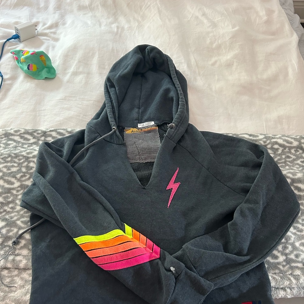 Gray Hoodie with Pink Lightning Bolt and Rainbow Sleeve